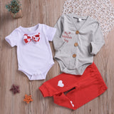 My 1st Valentine's Day❣️-  3pc. Bow Tie Shirt, Cardigan Onesie and Pants Set Baby Boy (Red, Gray & White)