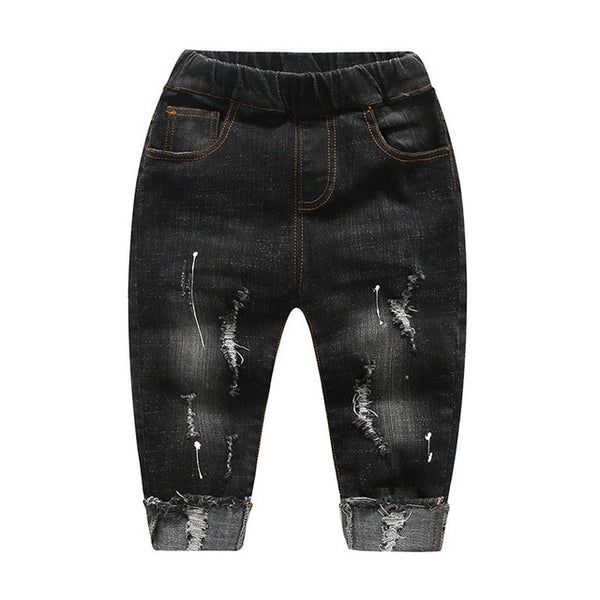 Distressed Denim Jeans with Rolled Raw Edge Hem Unisex Baby Boy Girl Toddler (Dark Wash Blue/Black)
