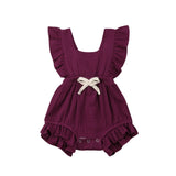 Linen Ruffled Shoulder Romper with Bow Baby Girl (Marigold/Lavender/Pink/White/Navy Blue/Burgundy)