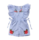 🌹 Ruffled Shoulder Striped Romper with Floral Embroidery Baby Girl and Toddler (Blue/White/Red) 🌹
