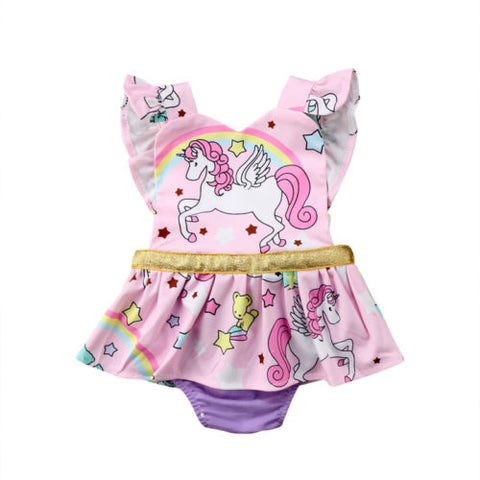 🦄 Magical Unicorn Print Ruffled Shoulder Romper Baby Girl (Pink/Gold/Lavender) 🦄