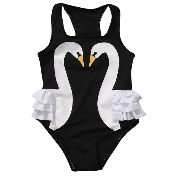 Swan Print Swimsuit Toddler Girl (Black/White)