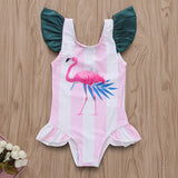 Flamingo Print with Stripes Ruffled Shoulder Swimsuit Bathing Suit Baby Girl (Pink/White/Hunter Green)