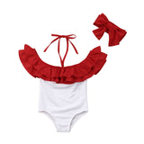 Ruffled Off Shoulder Halter Swimsuit with Headband Baby & Toddler Girl (Red & White)