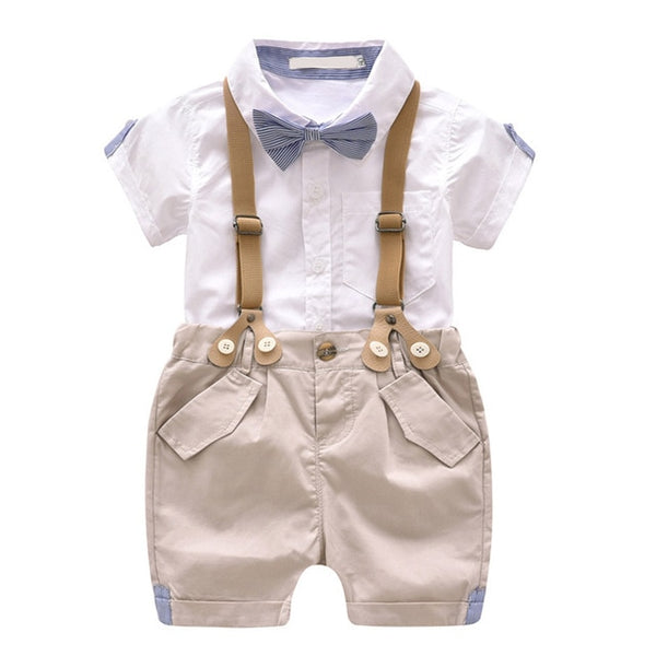 Short Sleeve Collar Shirt & Khaki Shorts 2pc. Set (White/Khaki/Blue)