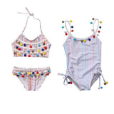 Striped Pom Pom Fringe Swimsuit Bikini or One Piece Toddler Girl (Pink/Blue)
