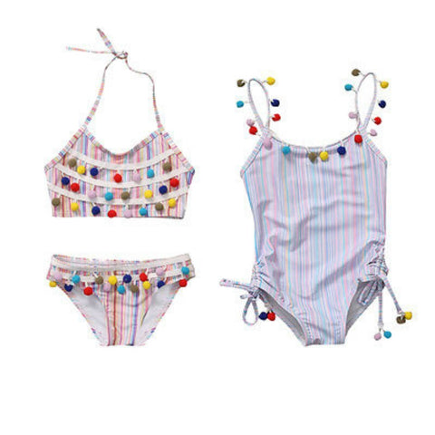 Striped Pom Pom Fringe Swimsuit Bikini or One Piece Toddler Girl (Pink/Blue)