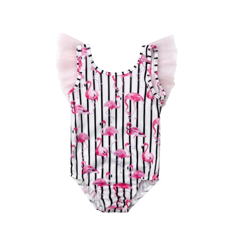 Striped Flamingo Swimsuit with Tulle Shoulders Baby Girl and Toddler (Black/Pink/White)