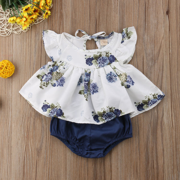 Floral Print Top & Bloomers 2pc. Set Baby Girl (Navy Blue/White)