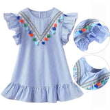 Ruffled Fringe Tassel A-Line Dress Toddler Girl (Blue/Pink)