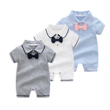 Bow Tie Collar Romper Baby Boy (Gray/White/Blue)