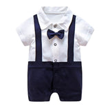 Bow Tie Collar Romper Baby Boy (Gray/White/Blue)