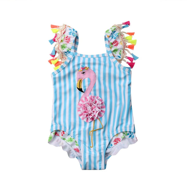 Flamingo Fringe Tassel Swimsuit Baby Girl and Toddler (Turquoise/White/Pink)
