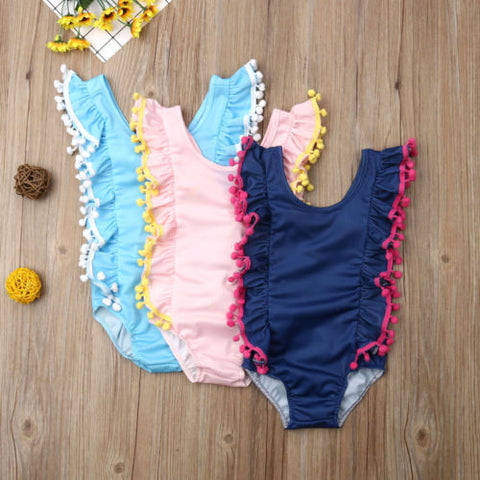 Pom Pom Ruffled Side Swimsuit Toddler Girl (Turquoise/Navy Blue/Pink)