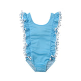 Pom Pom Ruffled Side Swimsuit Toddler Girl (Turquoise/Navy Blue/Pink)