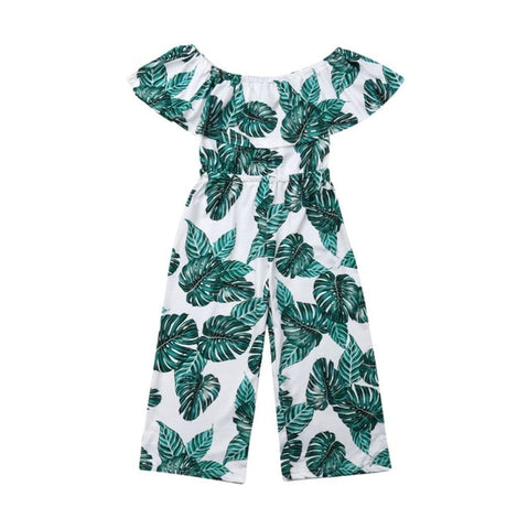 🍃 Leaf Print Off Shoulder Jumpsuit Toddler Girl (White/Green) 🍃