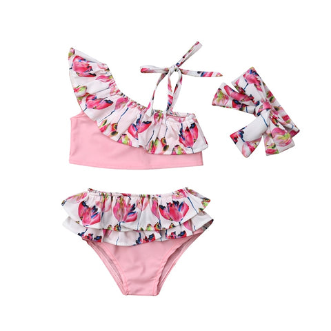 🌷 Solid & Floral Bikini Swimsuit with Headband 3pc. Set Baby Girl and Toddler (Pink/White) 🌷