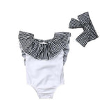 Striped Ruffled Swimsuit with Headband Baby Girl and Toddler (Red/White/Black)
