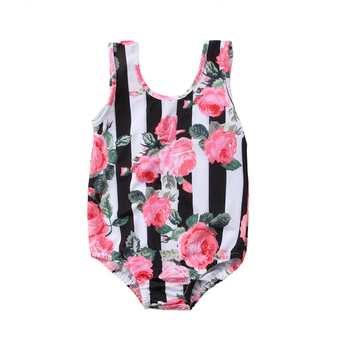🌺 Stripe and Floral Swimsuit Toddler Girl (Black/Pink/White) 🌺