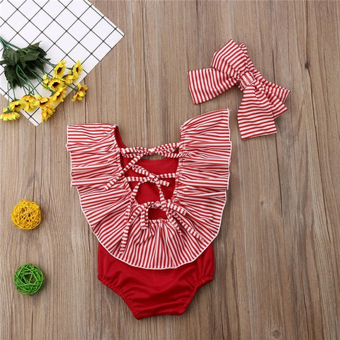 Striped Ruffled Swimsuit with Headband Baby Girl and Toddler (Red/White/Black)